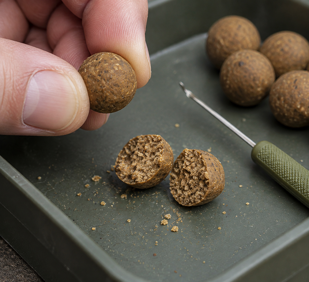 Fingers gently pressing a brown boilie beside two cut boilie halves and a baiting needle on a bait tray.
