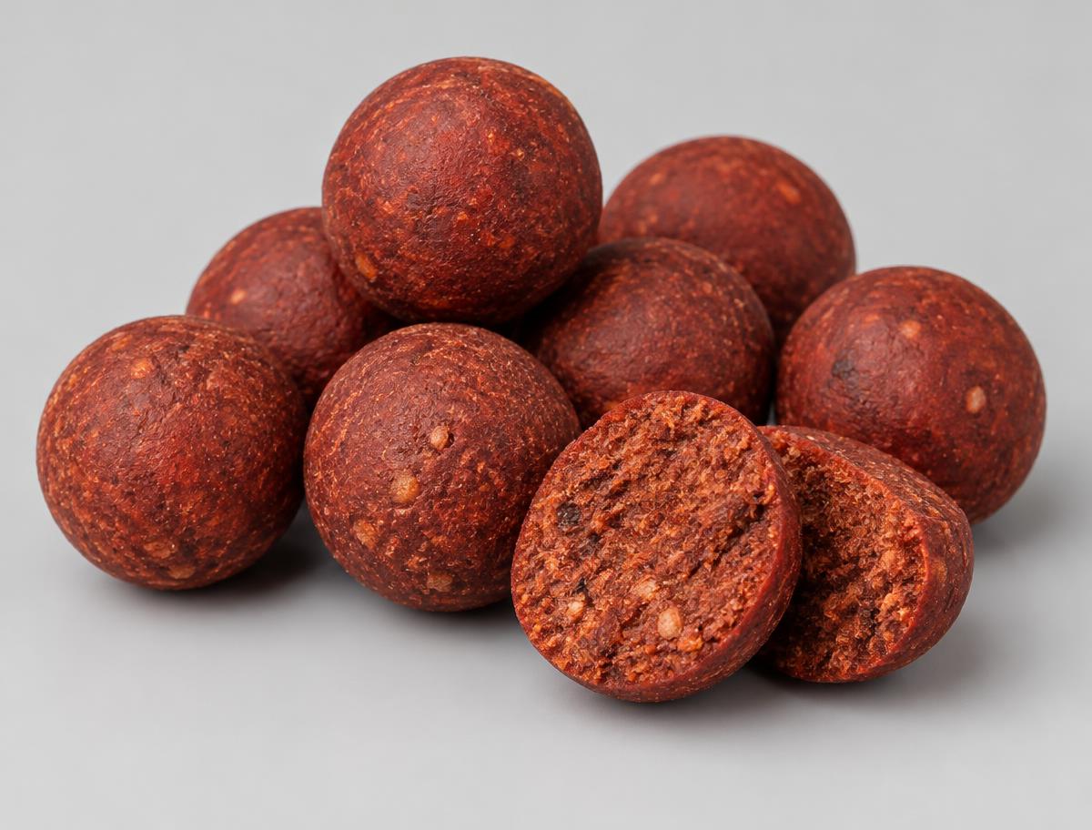 Close-up of deep red krill carp boilies, one cut in half